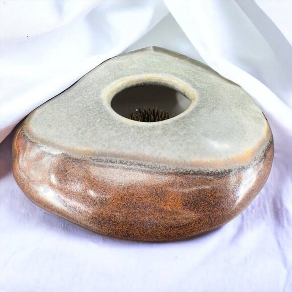 2006 Vintage Pottery Ceramic Ikevana Flower Frog Metal Center Rock Style Glaze